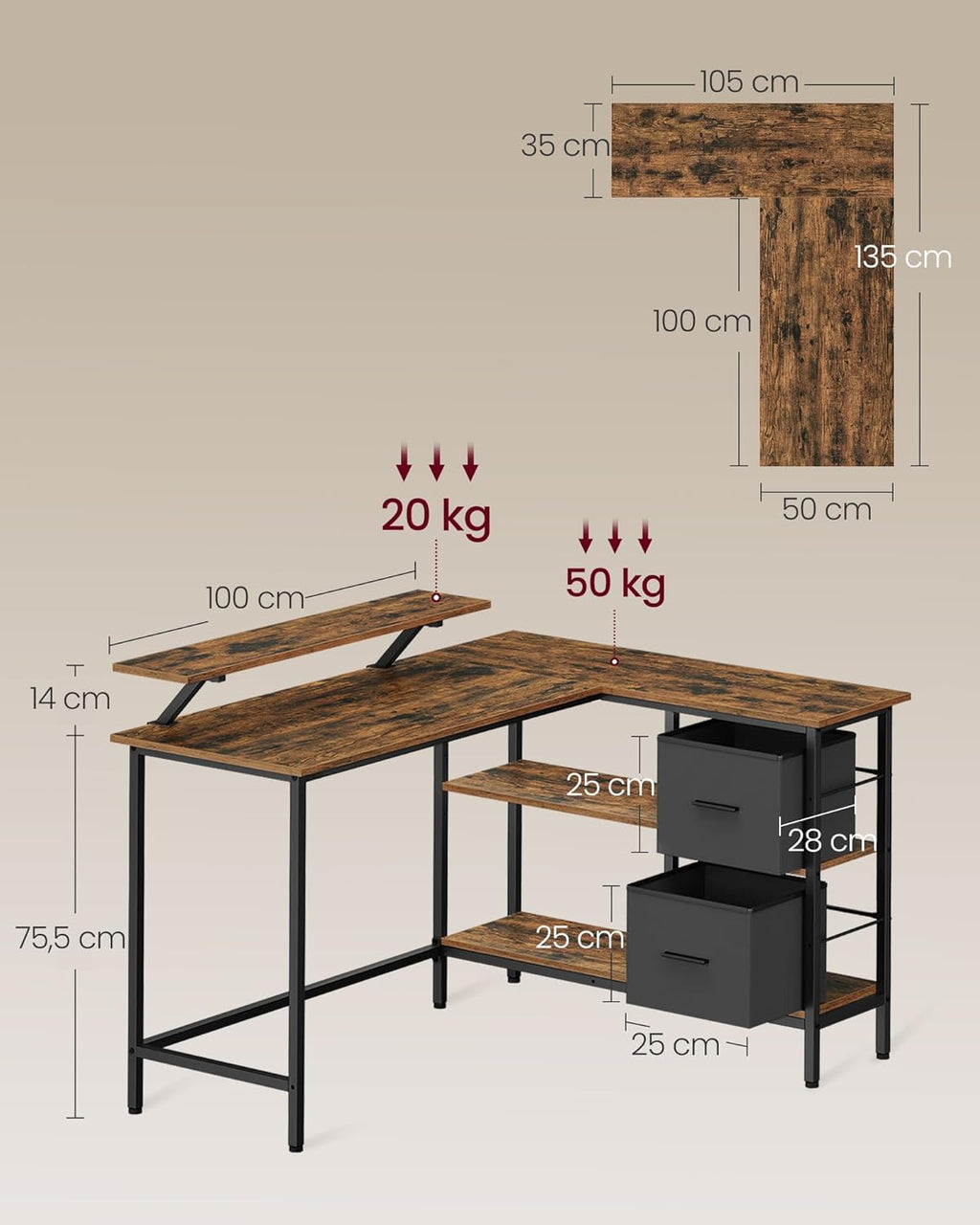 VASAGLE Birou in forma de L, suport monitor, 2 rafturi si 2 sertare, 105x135x76 cm, maro rustic