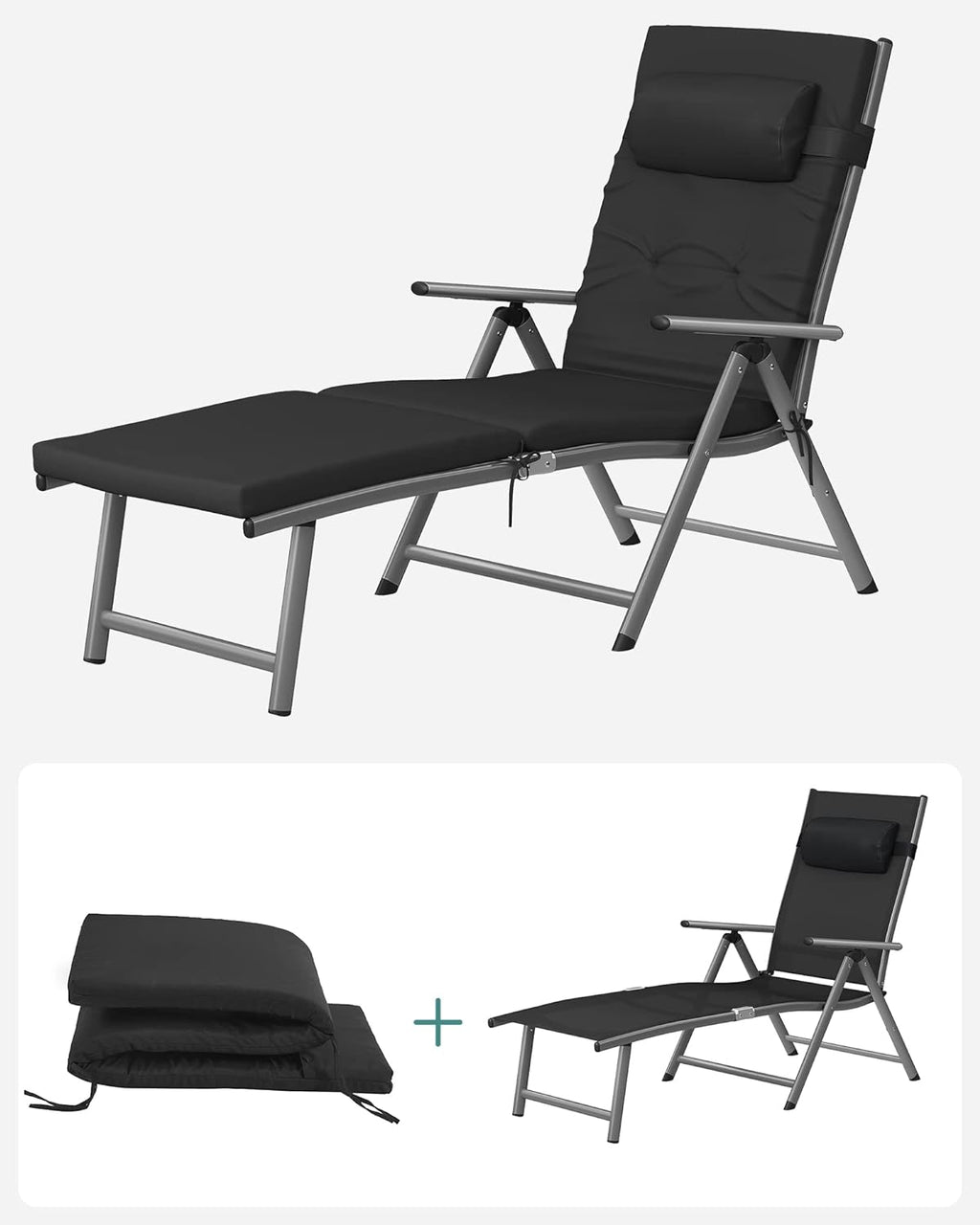 SONGMICS Sezlong pliabil, cu saltea groasa si tetiera, spatar reglabil, maxim 150kg, 183x60x39cm, negru