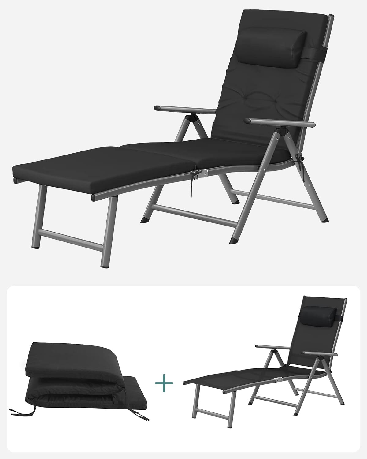 SONGMICS Sezlong pliabil, cu saltea groasa si tetiera, spatar reglabil, maxim 150kg, 183x60x39cm, negru