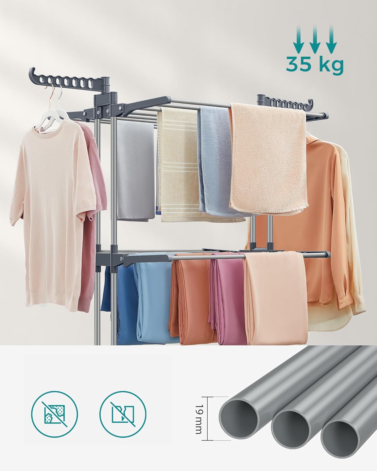 SONGMICS Uscator vertical pentru rufe, mobil si pliabil, cu doua umerase, 64x126x172 cm, sarcina 35kg