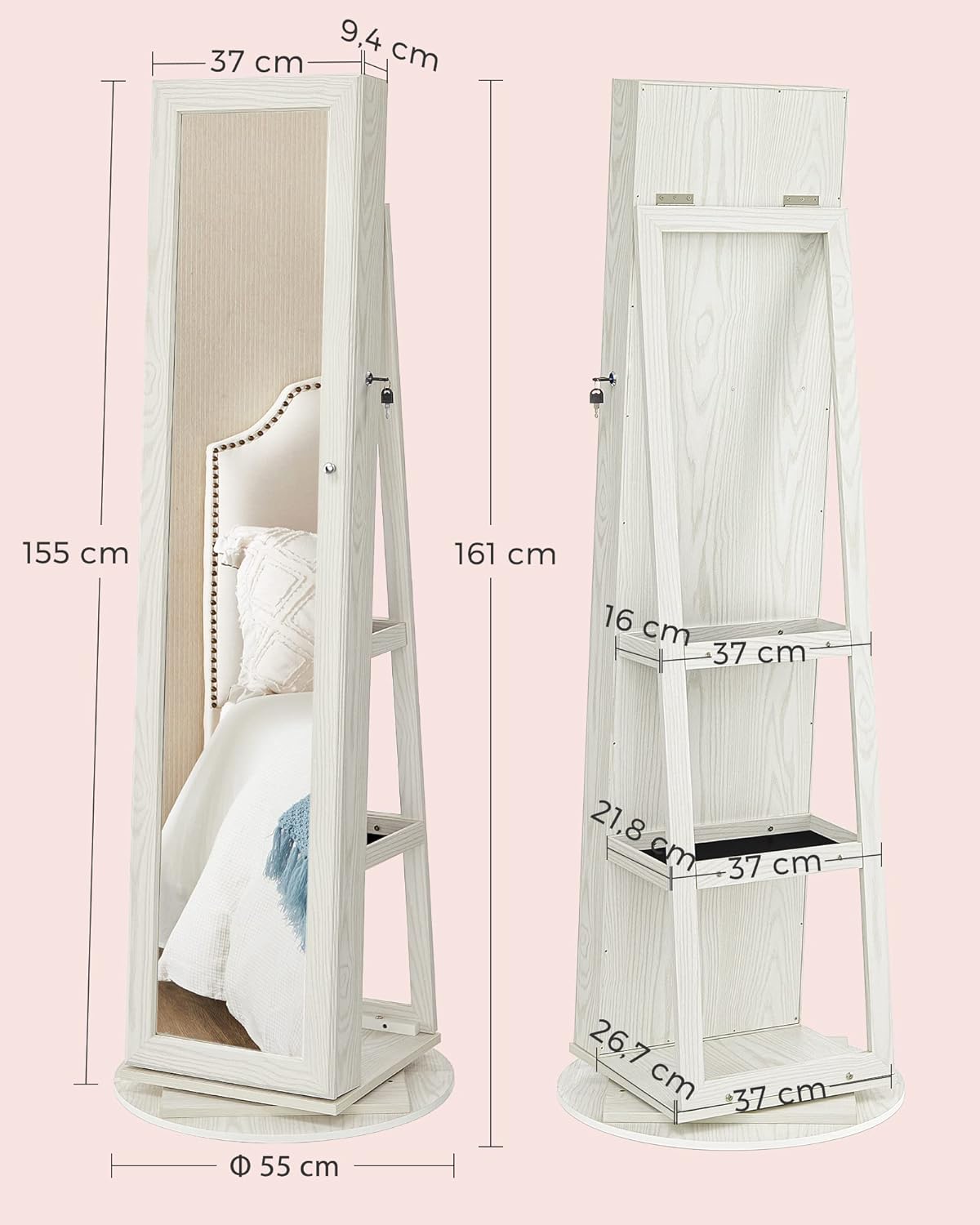 SONGMICS Oglinda de podea cu suport rotativ la 360°, cu spatiu de depozitare, 55x55x161cm, alb cenusiu