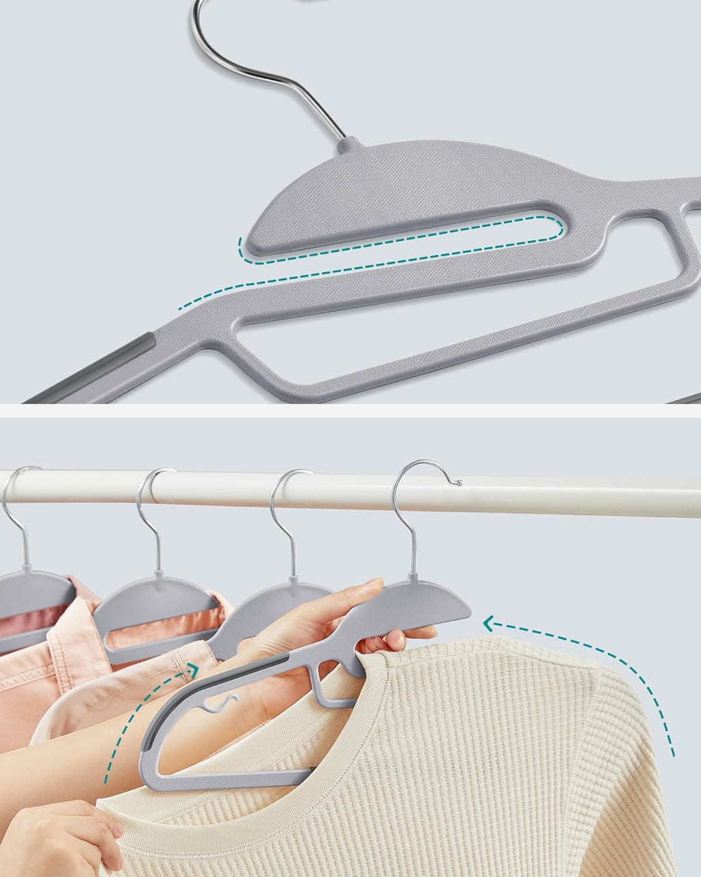 SONGMICS Set de 50 de umerase pentru haine, anti alunecare, bara de cravata si carlig pivotant, 42 cm, gri