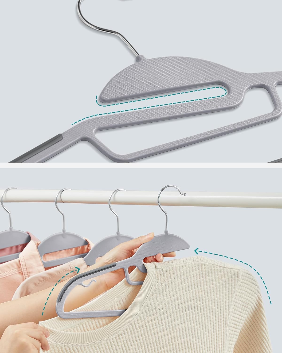 SONGMICS Set de 50 de umerase pentru haine, anti alunecare, bara de cravata si carlig pivotant, 42 cm, gri