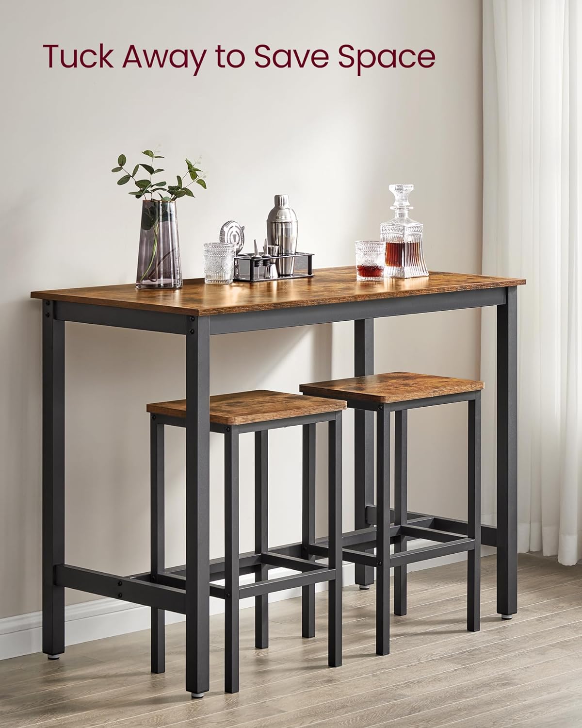 VASAGLE Set masa de bar cu 2 scaune, cadru din otel, blat lemn, stil industrial, 120x60x90cm, maro rustic