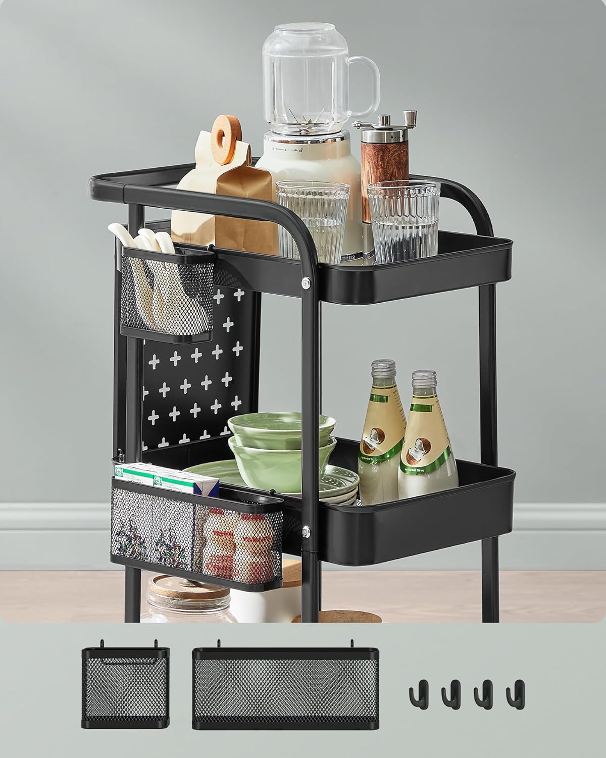 SONGMICS Raft de depozitare mobil tip carucior rulant, pentru baie sau bucatarie, cadru otel, 32x43x74 cm, negru