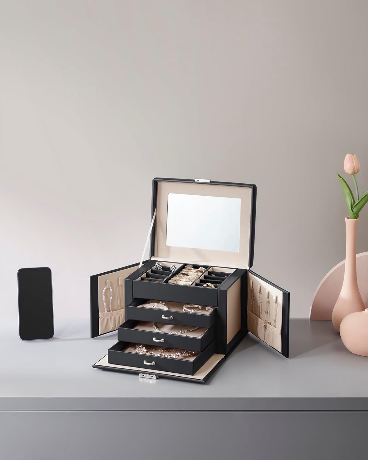 SONGMICS Cutie de bijuterii cu 4 nivele, 3 sertare, oglinda si incuietoare, 18x23x17cm, negru