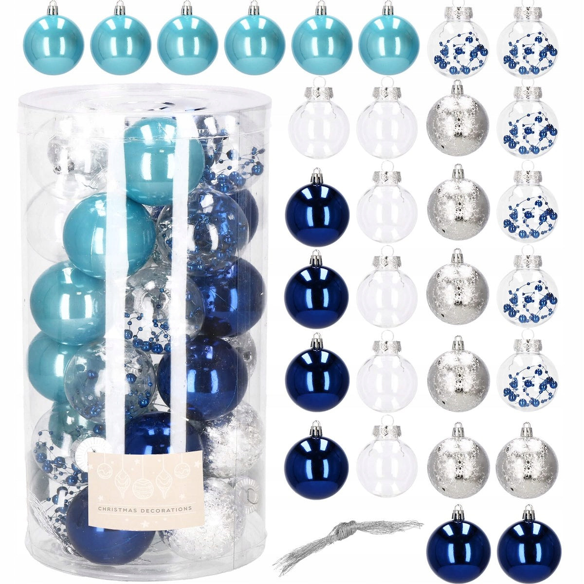Set globuri de Craciun Inedit, 30 bucati, 6cm, transparente si albastru