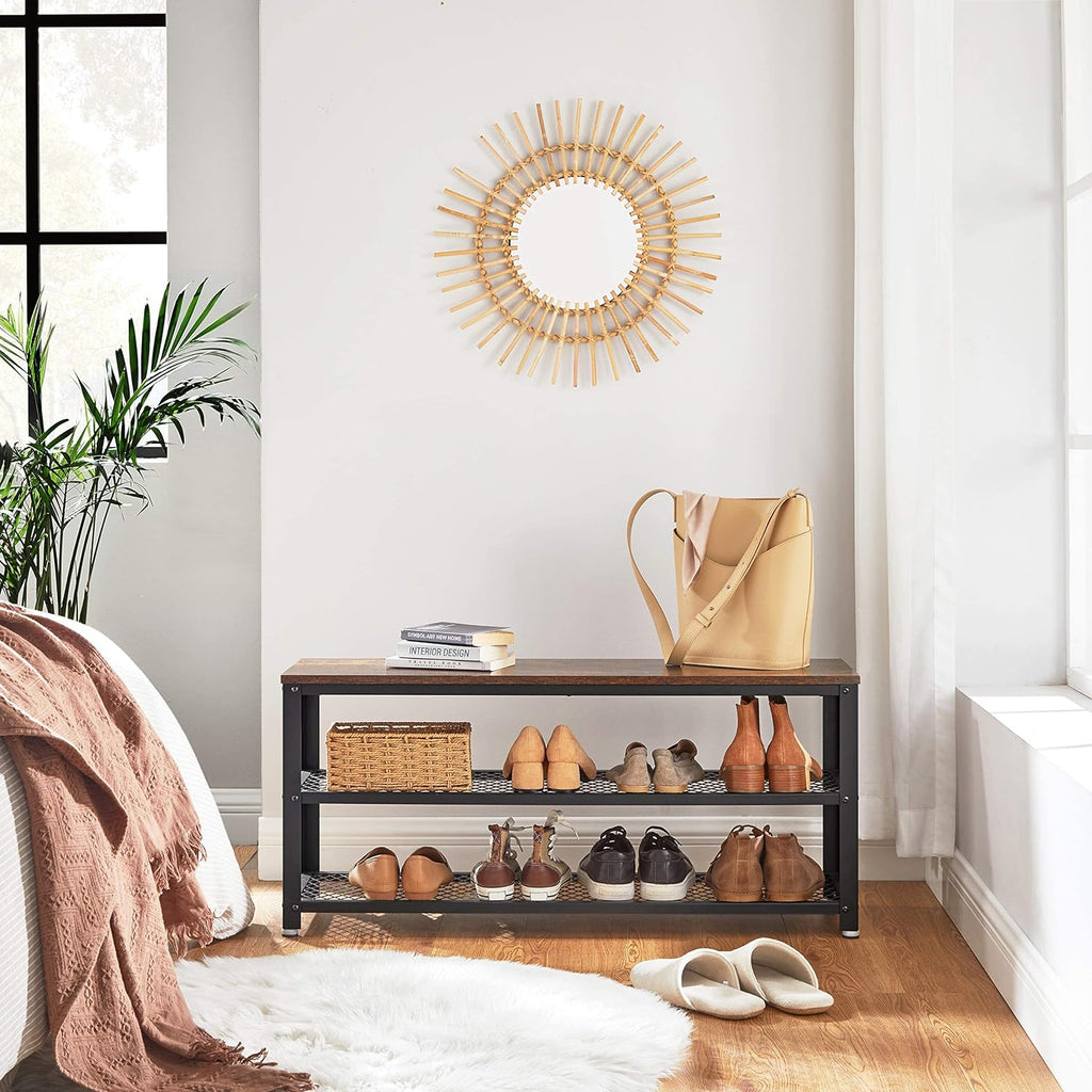 VASAGLE Raft pentru pantofi cu 2 polite, 100x30x45cm, otel, stil industrial, maro rustic si negru