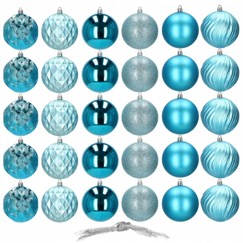 Set globuri de Craciun, 30 bucati, 6 modele, 8cm, albastru