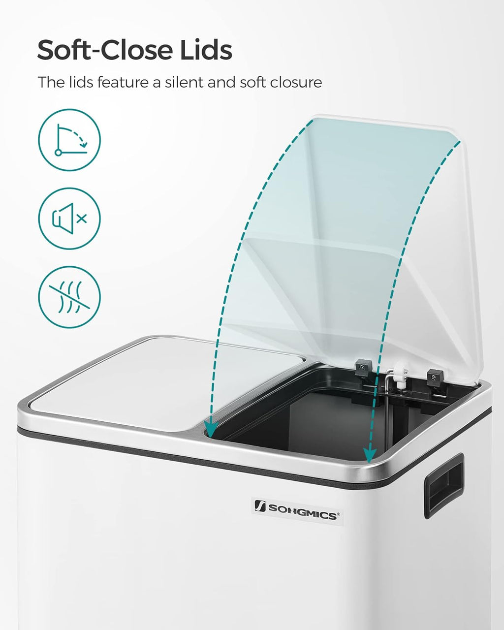 SONGMICS Cos de gunoi din inox cu 2 compartimente colectare selectiva, cu galeti interioare, 2x15litri, alb