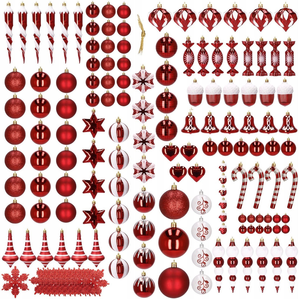 Set globuri si decoratiuni de Craciun, 153 piese, diverse dimensiuni, rosu