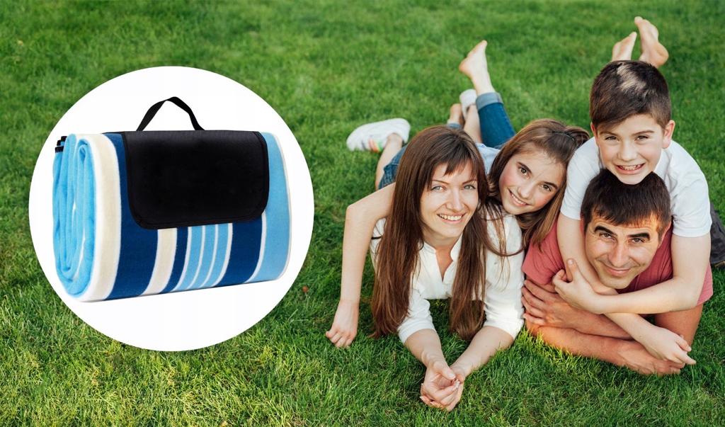 Patura pentru picnic sau plaja, cu folie izolatoare si maner, 200x200cm, alb albastru