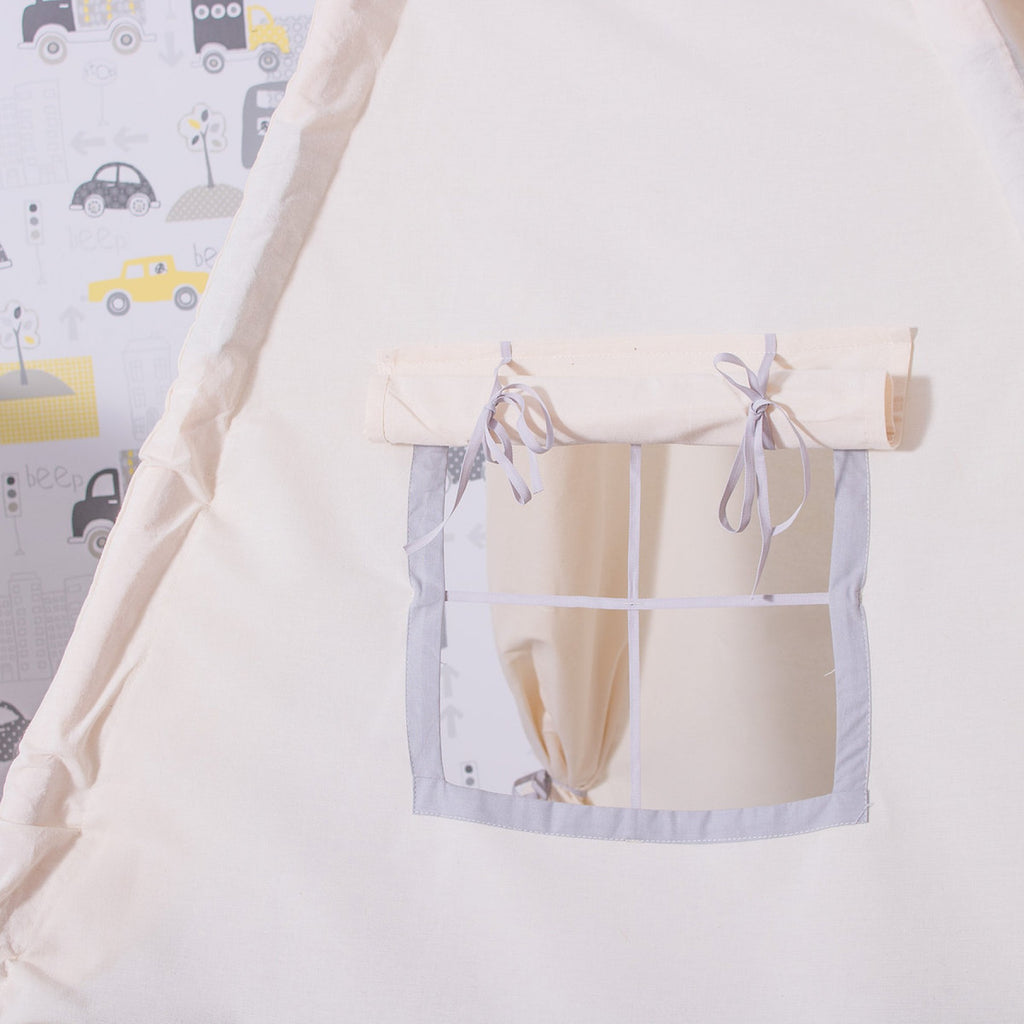 Cort copii  stil indian Teepee Tent cu fereastra, covoras gros si 2 perne, alb gri monocrom