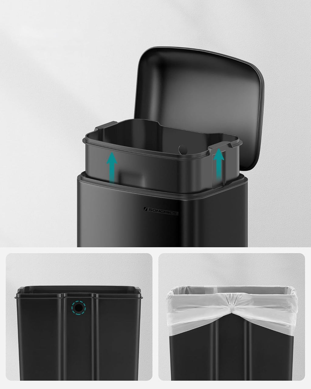 SONGMICS Cos de gunoi din otel, cu pedala si soft-close, galeata interioara, 30 litri, negru