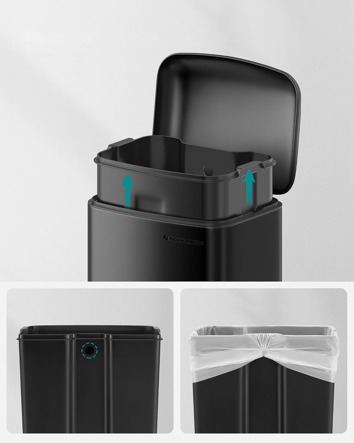 SONGMICS Cos de gunoi din otel, cu pedala si soft-close, galeata interioara, 30 litri, negru