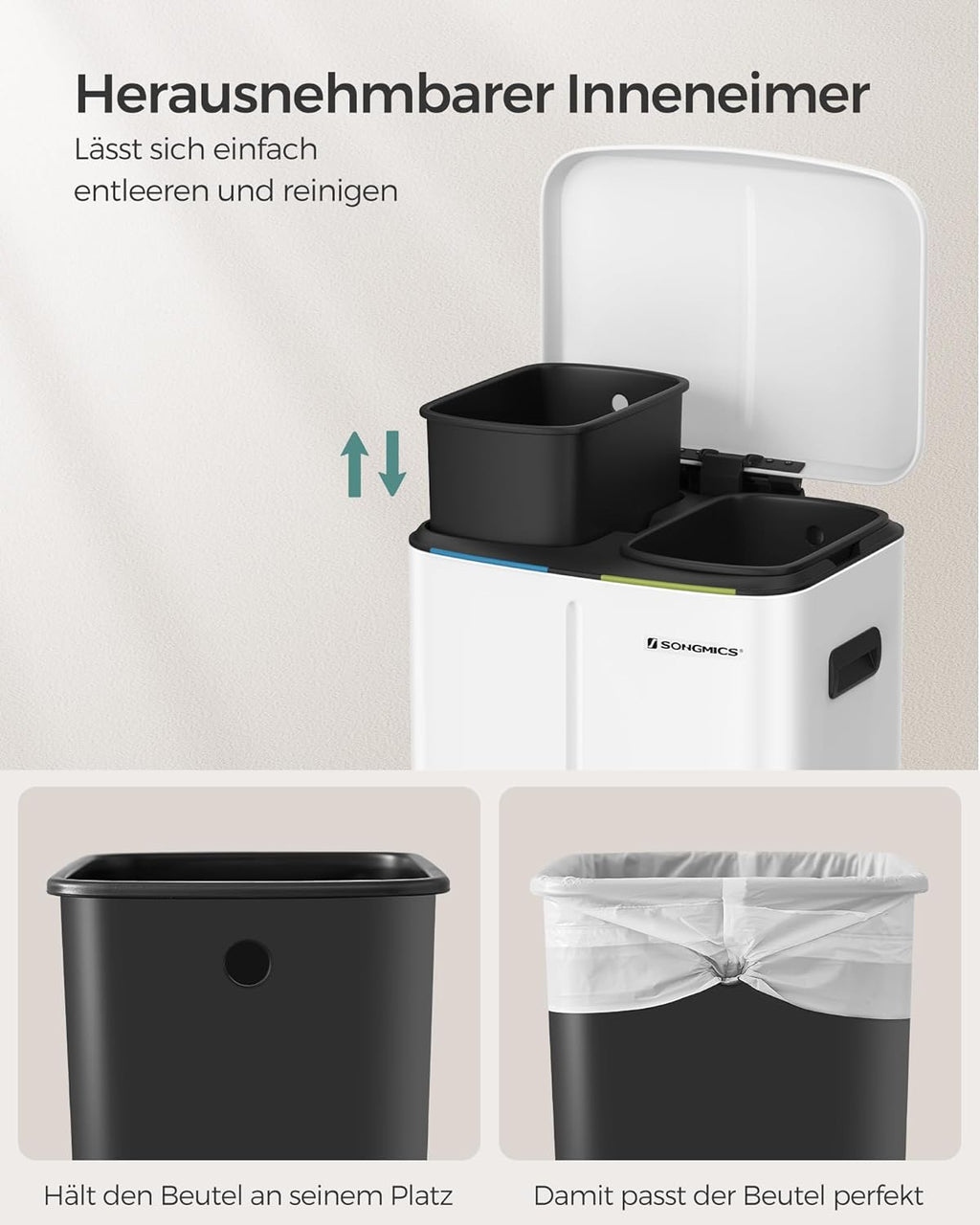 SONGMICS Cos de gunoi din inox cu 2 galeti interioare, colectare selectiva, 2x20 litri, alb