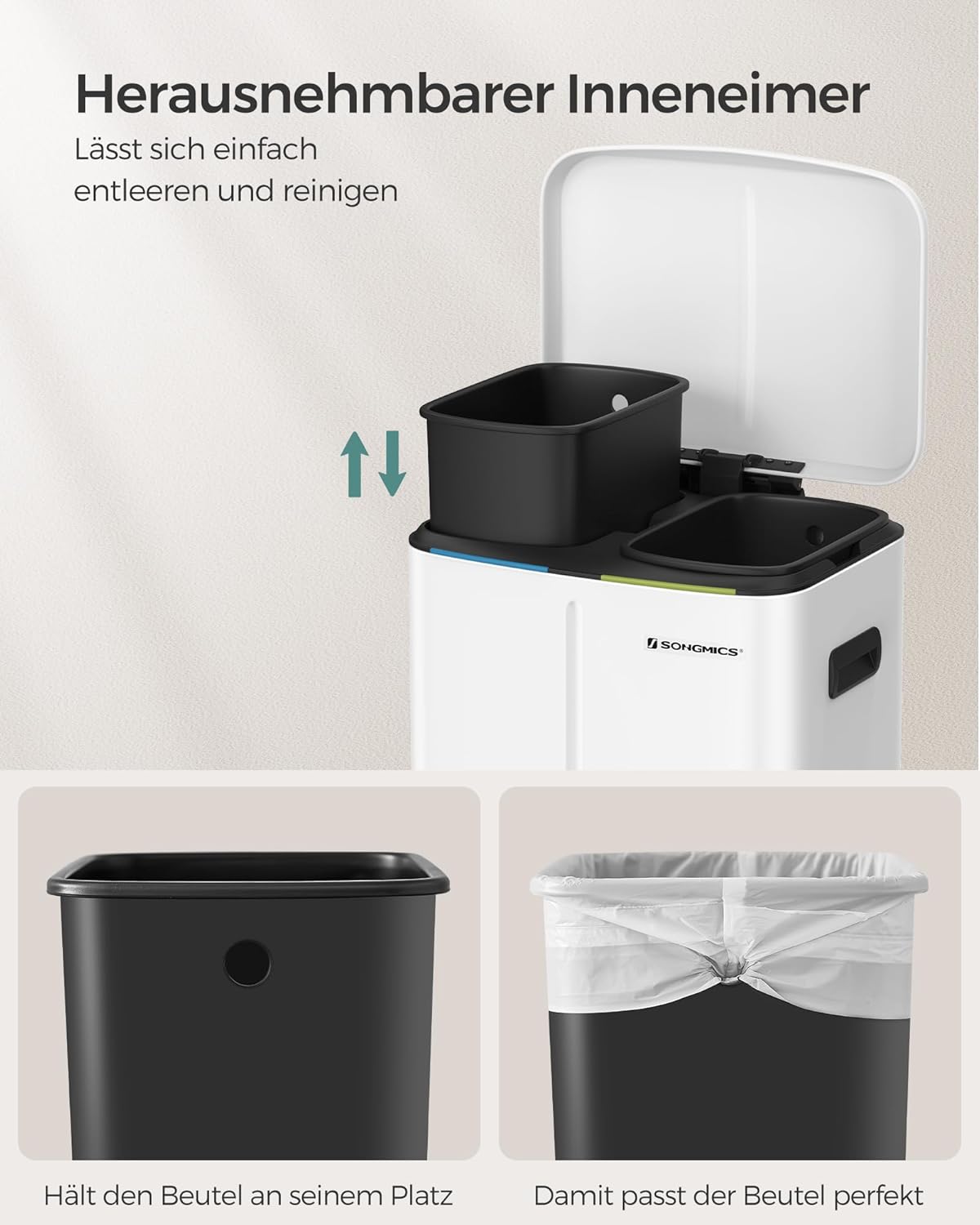 SONGMICS Cos de gunoi din inox cu 2 galeti interioare, colectare selectiva, 2x20 litri, alb