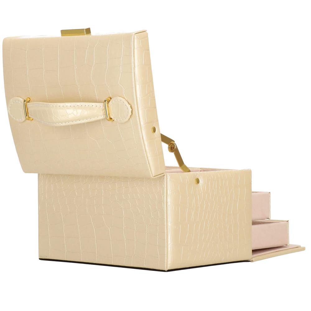 (DL) Cutie depozitare si organizare bijuterii, MDF, piele ecologica si velur, 17,5 x 14 x 12,5cm, crem