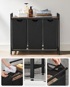 VASAGLE Cos de rufe, 3 compartimente, saci de rufe detasabili, raft, cadru metalic, 3x38L, 93x33x72 cm, maro rustic si negru