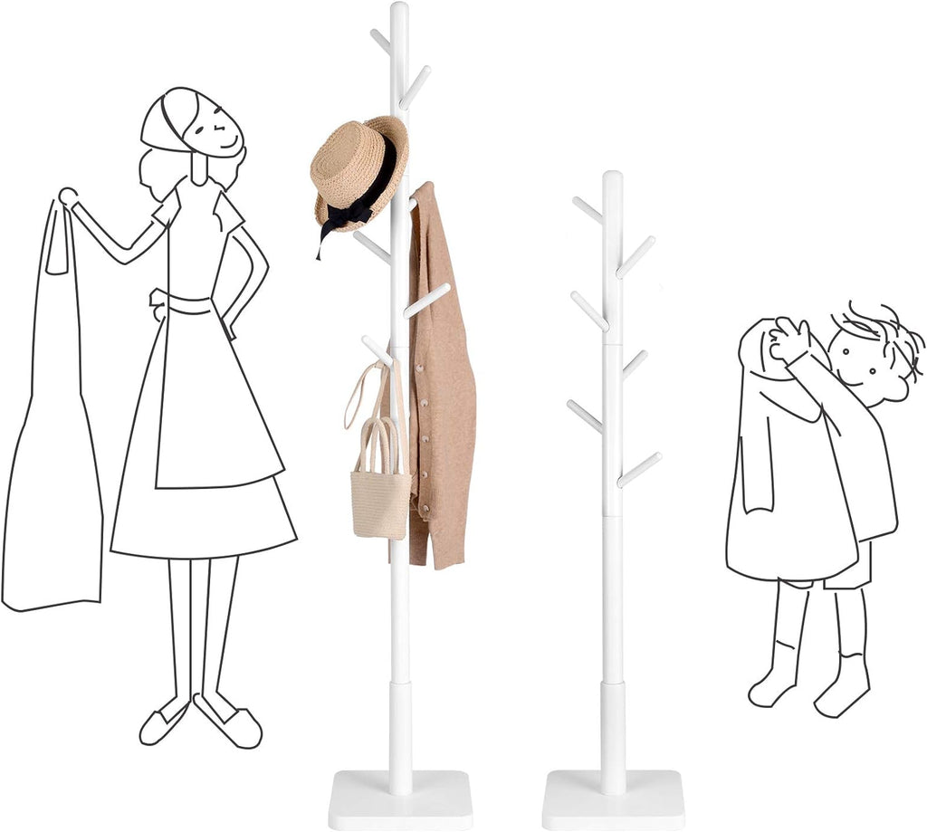 VASAGLE Cuier pentru haine, din lemn masiv, tip pom, cu 8 carlige, baza patrata, 175cm, alb