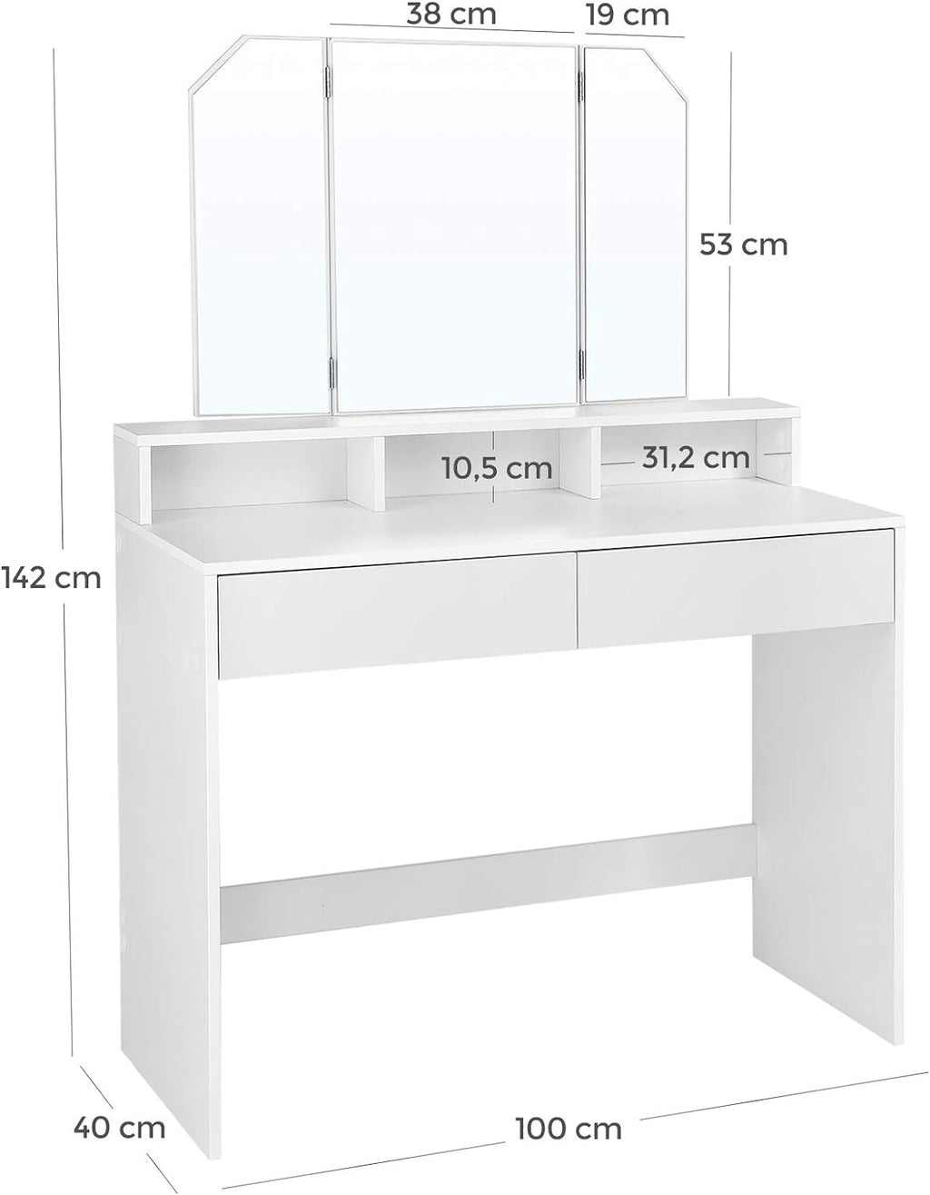 VASAGLE Masa de toaleta cu oglinda rabatabila si 2 sertare, 3 compartimente deschise, 100x40x142cm, alb