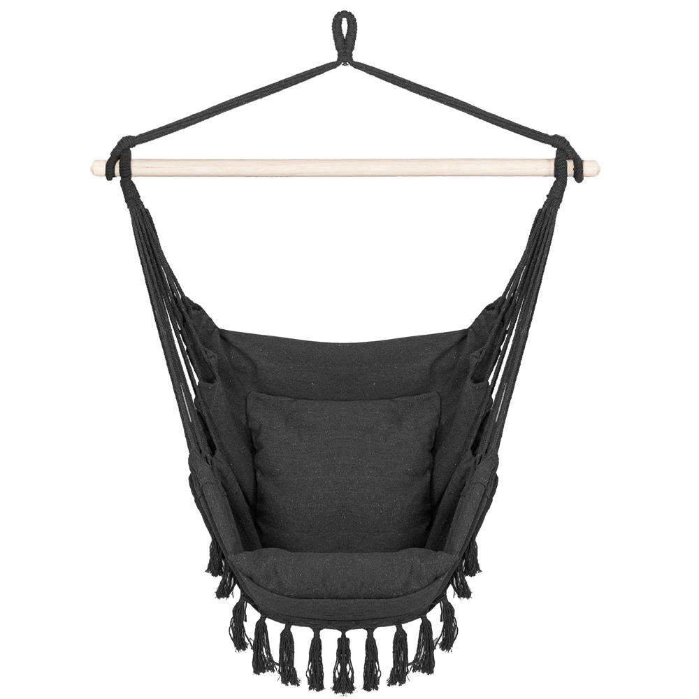 Hamac tip leagan suspendat pentru casa sau gradina, cu perne, 130x100cm, 150kg, gri inchis