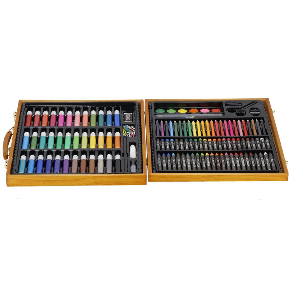 Set de pictura si desen pentru copii, 150 de piese, trusa lemn maro
