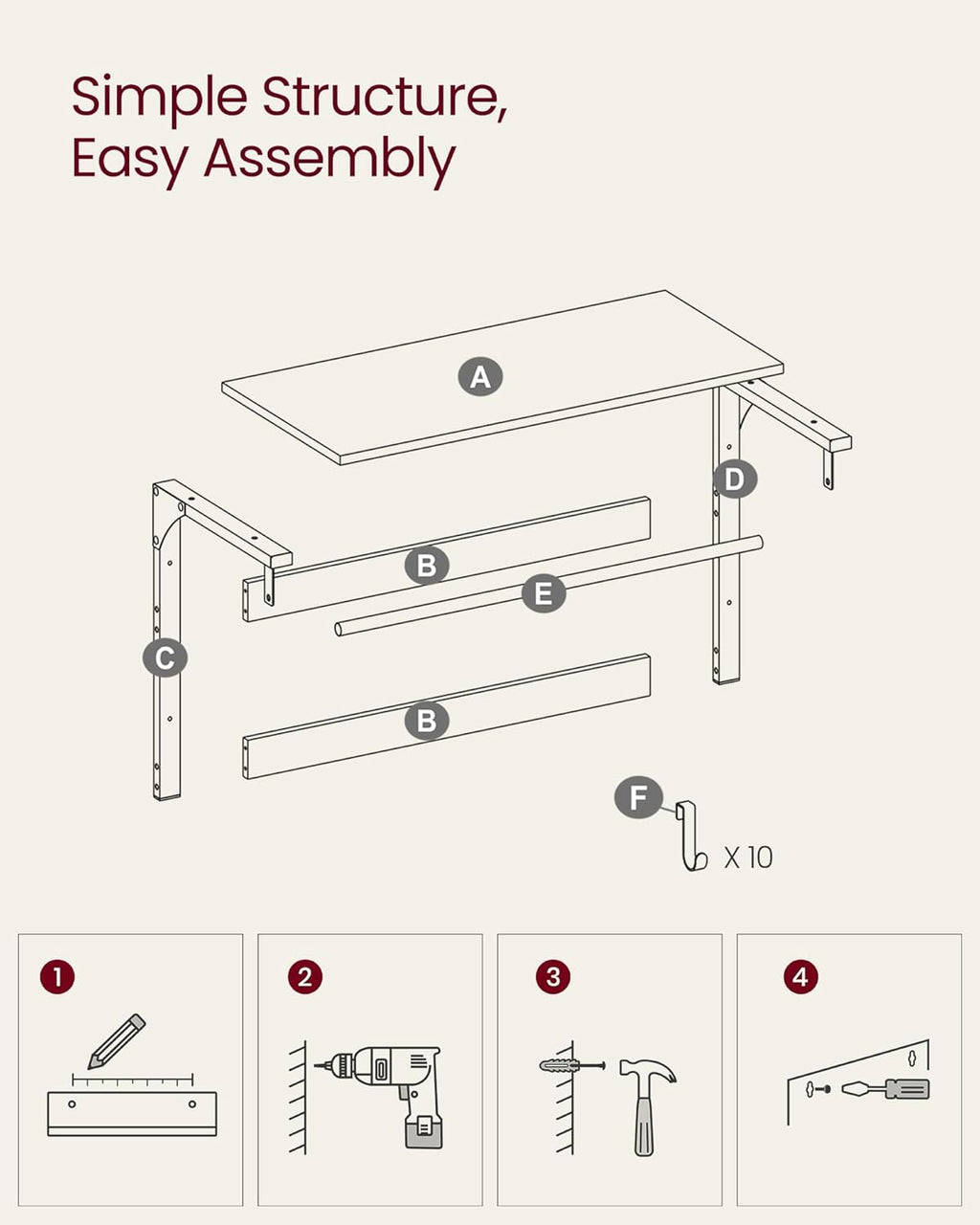 VASAGLE Cuier de perete cu raft de depozitare, 10 carlige, 30x80x42 cm, maro rustic