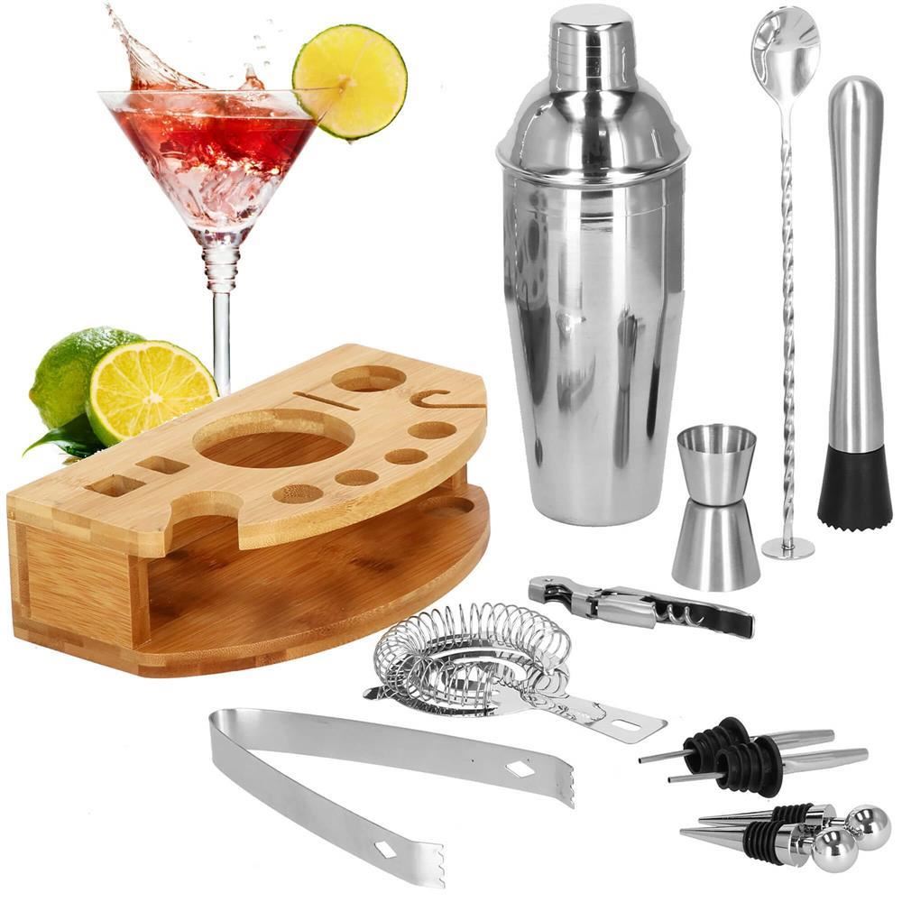 Set Cocktail Shaker Kit pentru barmani 750ml, KI12, suport bambus, 12 piese