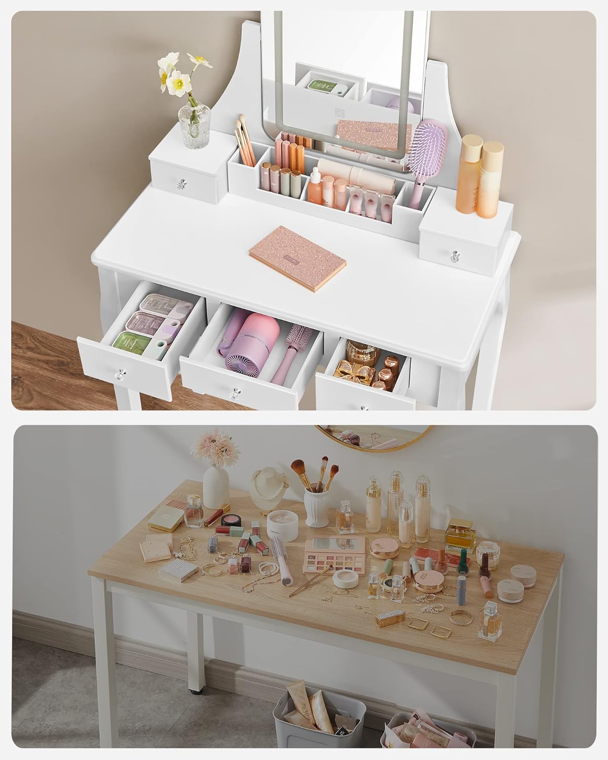 VASAGLE Masa de toaleta cu taburet, oglinda rotativa 360°, iluminare LED reglabila, 80x40x138 cm, alb