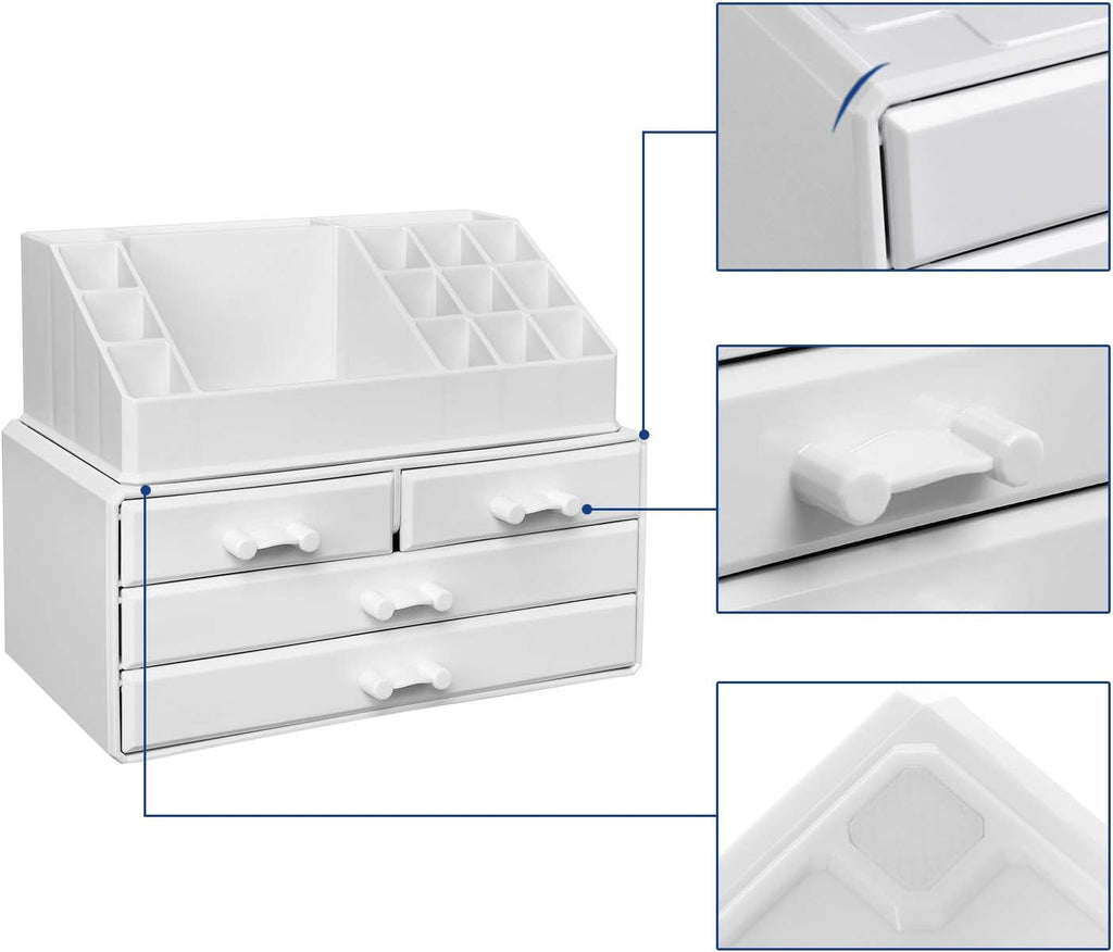 SONGMICS Organizator de cosmetice, cu 4 sertare si 16 compartimente de diferite dimensiuni, 24x14x19cm, alb