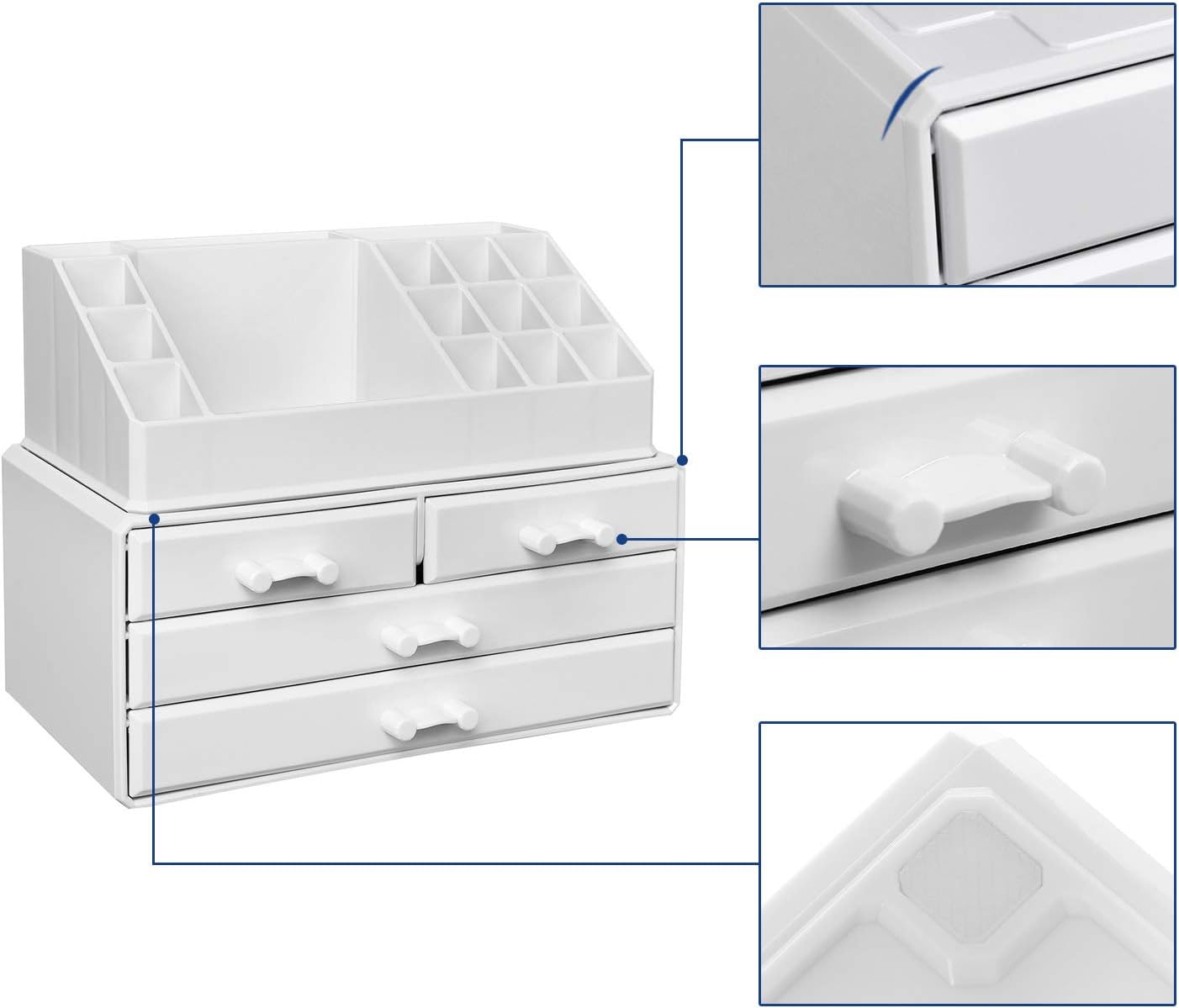 SONGMICS Organizator de cosmetice, cu 4 sertare si 16 compartimente de diferite dimensiuni, 24x14x19cm, alb