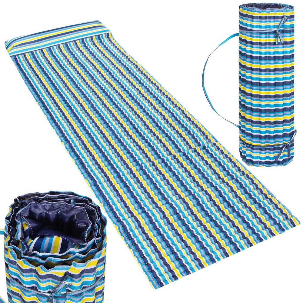 Saltea pentru plaja pliabila, din spuma, ultra-usoara, cu perna si maner de transport, 60x180cm, albastru galben