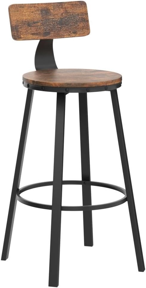 VASAGLE Set de 2 scaune de bar inalte cu spatar, cadru din otel, industrial, 54x99cm, maro rustic