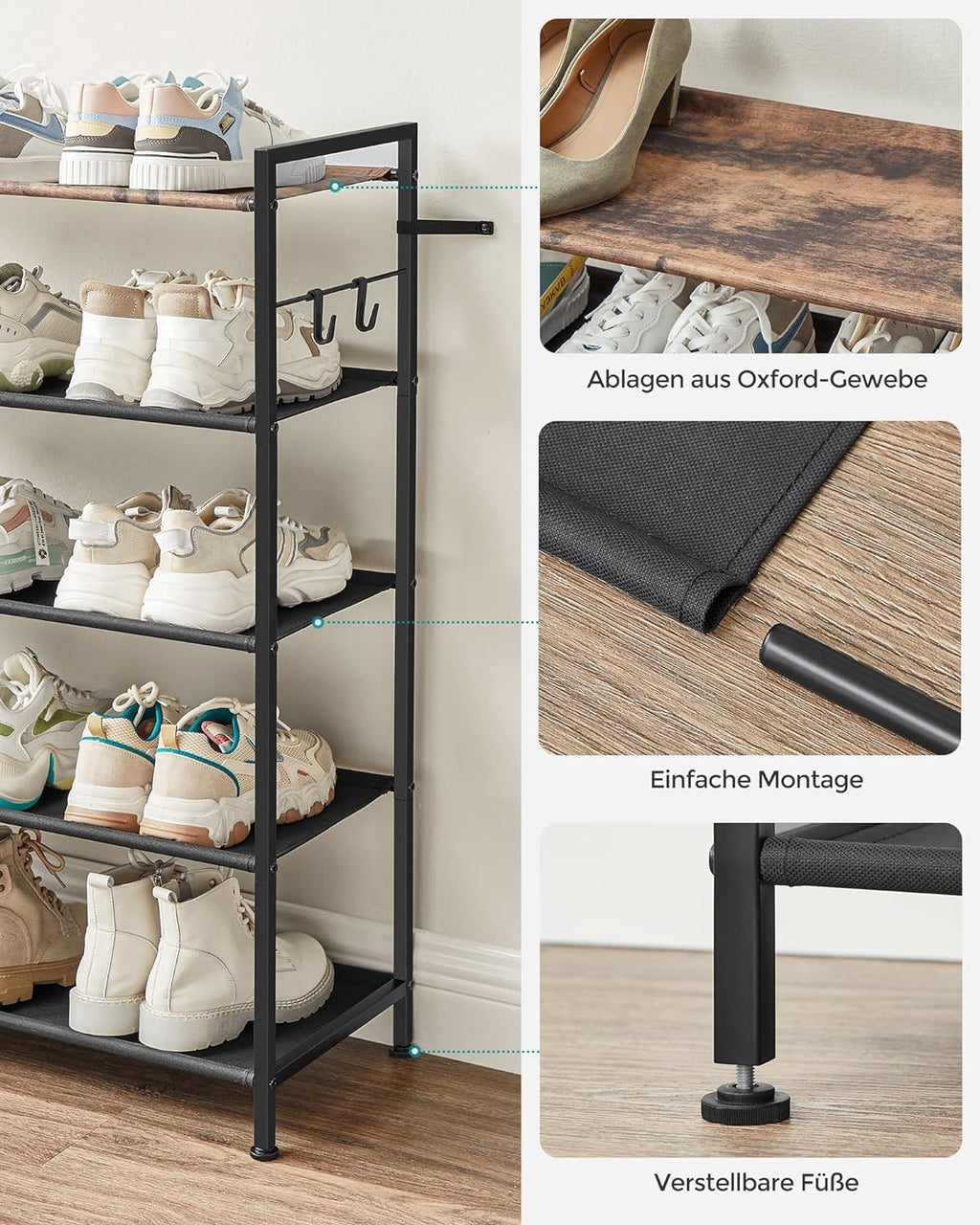 SONGMICS Raft de depozitare pantofi, metalic, 5 nivele din tesatura oxford, pentru 20-25 perechi, 29x89x93cm, maro rustic si negru