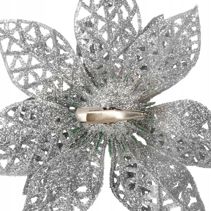 Set 10 ornamente pentru bradul de Craciun, stea Poinsettia, 10cm, argintiu