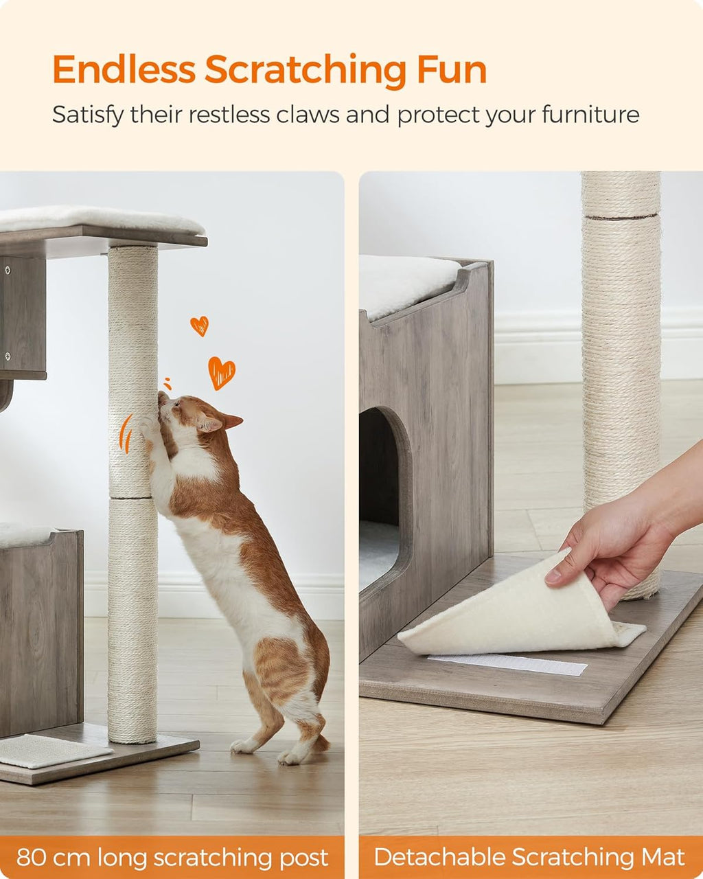 FEANDREA Ansamblu de joaca pisici, tip copac, din lemn, 66x40x86 cm, gri