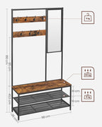 VASAGLE Cuier cu rafturi depozitare pantofi si oglinda, industrial, 35x98x180 cm, maro rustic si negru