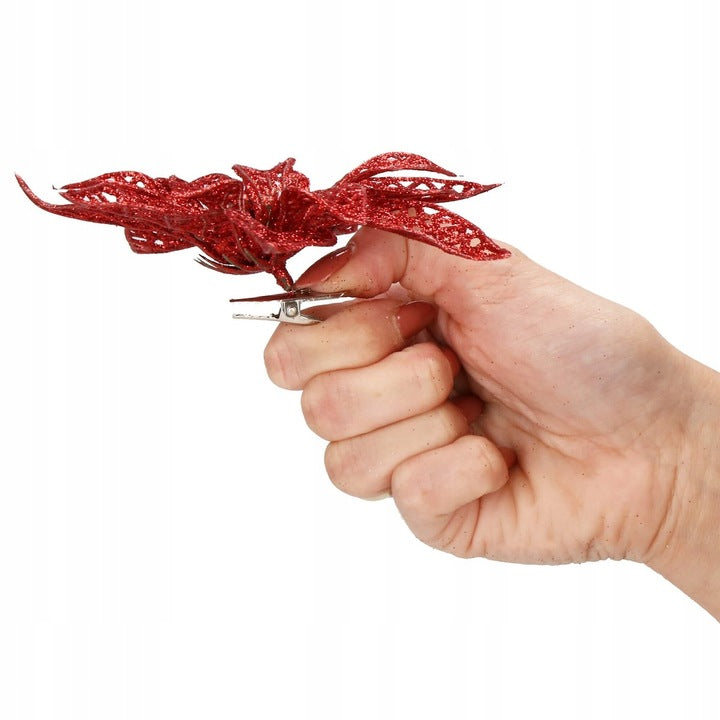 Set 10 ornamente pentru bradul de Craciun, stea Poinsettia, 10cm, rosu