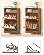 VASAGLE Dulap pantofi cu 2 usi flip, separator reglabil si detasabil, pentru 8-12 perechi, 24x60x102cm, maro rustic