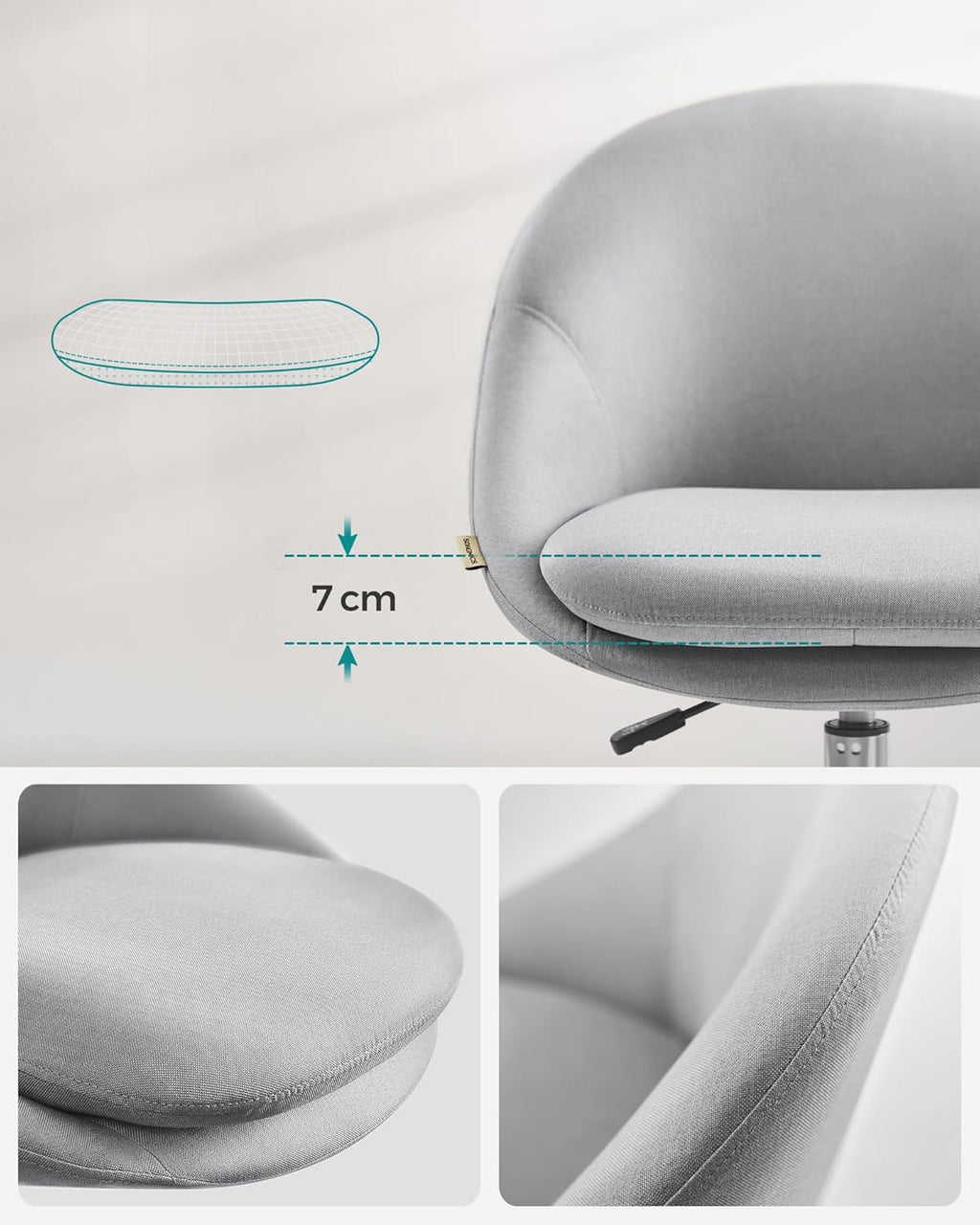 SONGMICS Scaun de birou ergonomic, inaltime reglabila, 60x60x(80-90) cm, gri