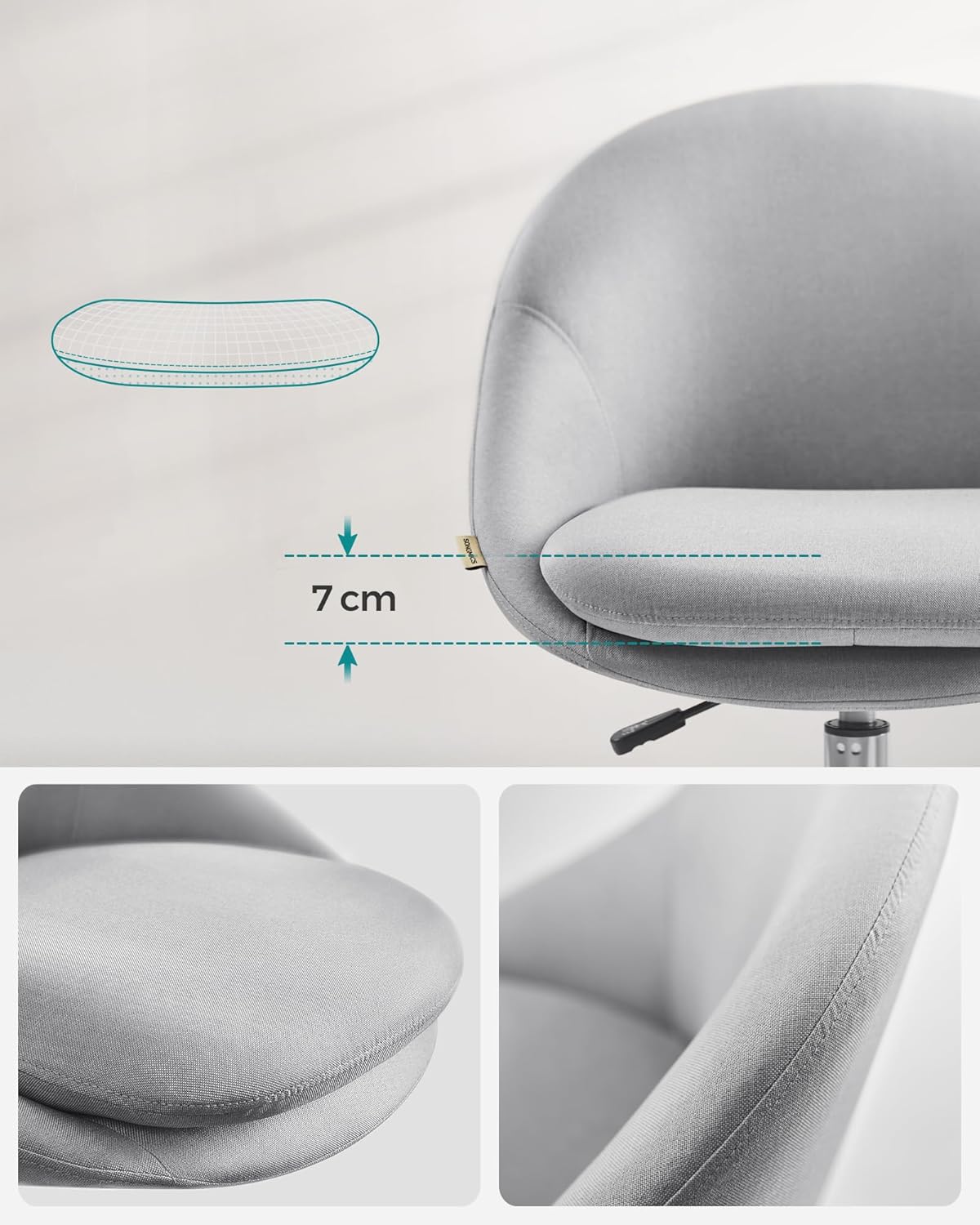 SONGMICS Scaun de birou ergonomic, inaltime reglabila, 60x60x(80-90) cm, gri