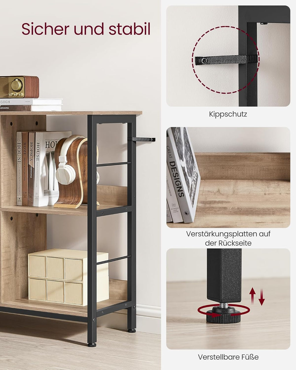 VASAGLE Biblioteca, raft cu 6 unitati de depozitare, din lemn, 33x120x80 cm, gri stejar