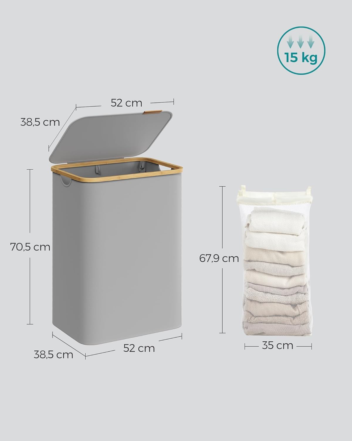 SONGMICS Cos de rufe textil, pliabil, cu 2 compartimente detasabile, 130L, 52x39x71 cm, gri