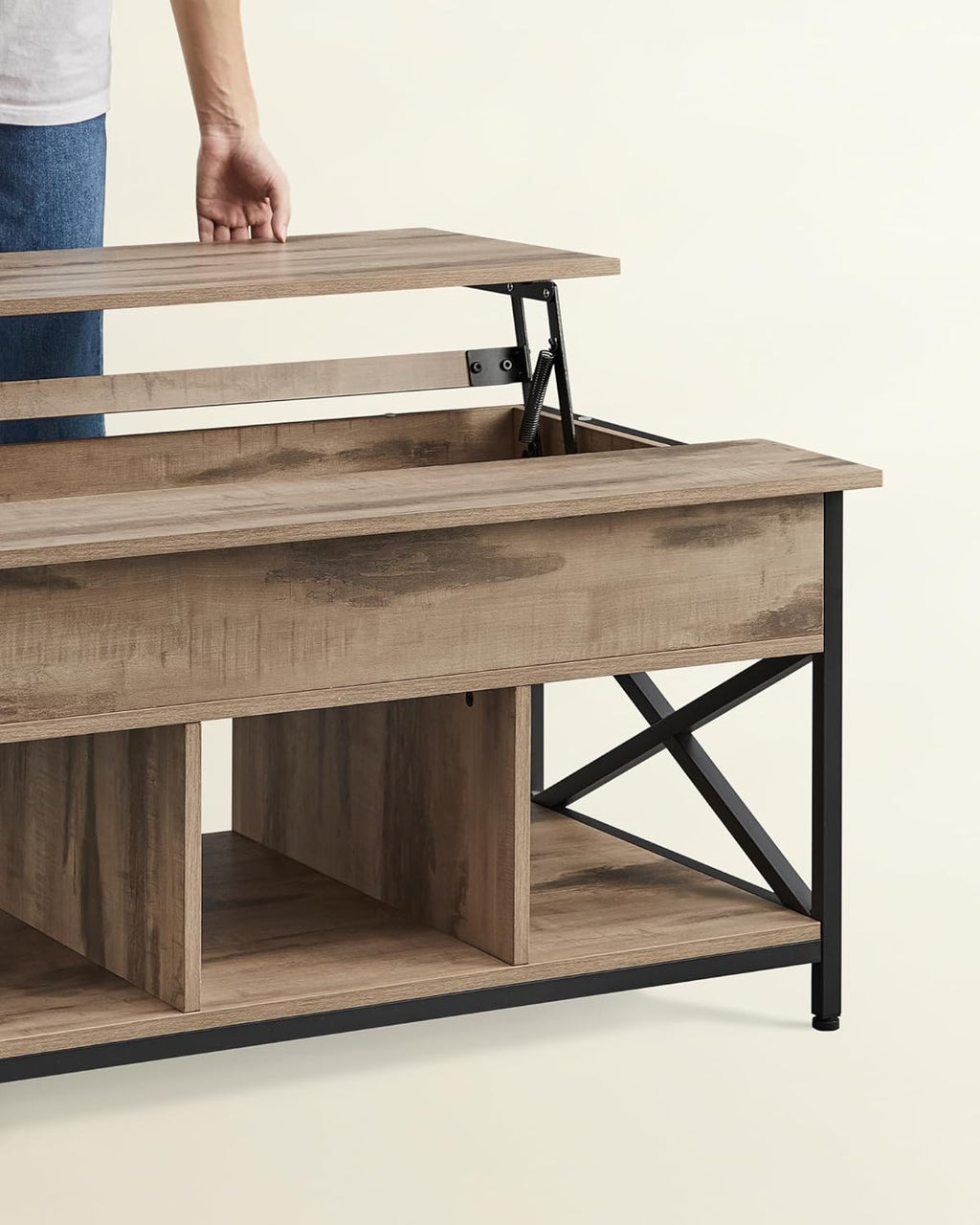 VASAGLE Masa de cafea cu inaltime reglabila, spatiu de depozitare ascuns, 60x100x(48-62) cm, gri stejar