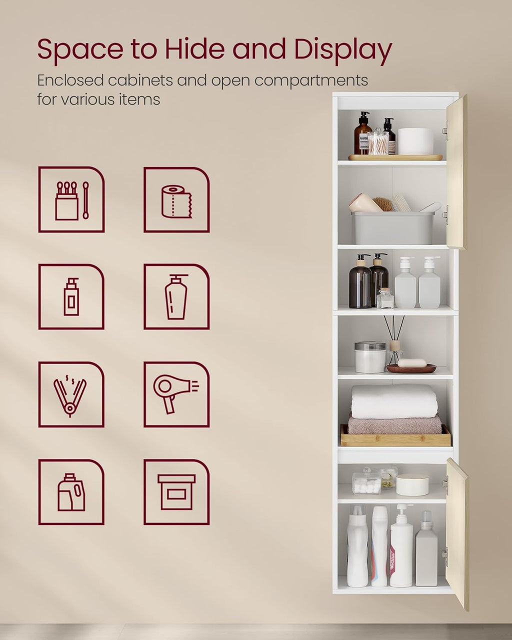 VASAGLE Dulap baie cu montare pe podea sau perete, 7 compartimente, 30x40x160 cm, alb bej