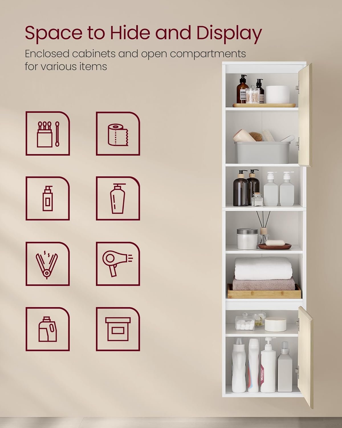 VASAGLE Dulap baie cu montare pe podea sau perete, 7 compartimente, 30x40x160 cm, alb bej