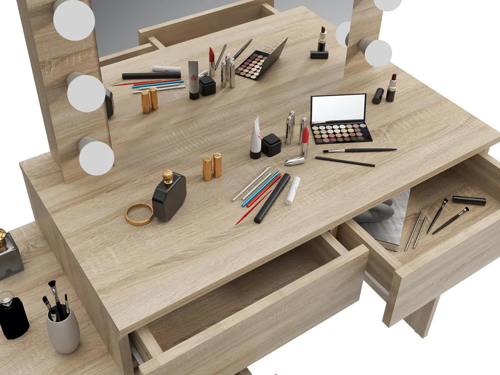 Masa de toaleta si machiaj Adele cu 5 sertare si oglinda 12 LED, 113x47x142 cm, sonoma