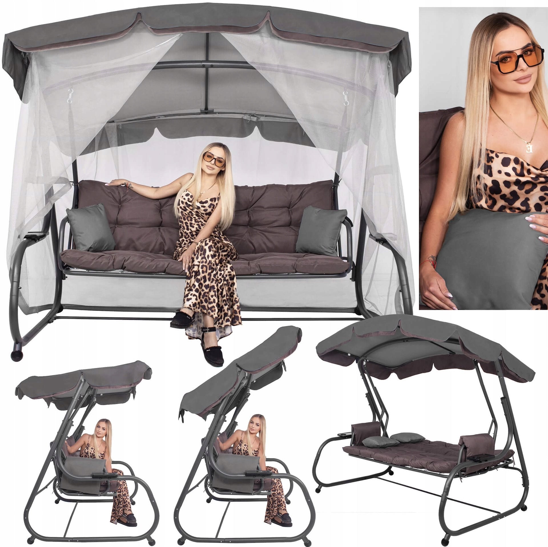 Balansoar gradina 226x126x192 cm, 3 in 1 leagan, pat si relaxare, cu plasa anti-insecte, copertina reglabila, saltea si perne incluse, gri si maro