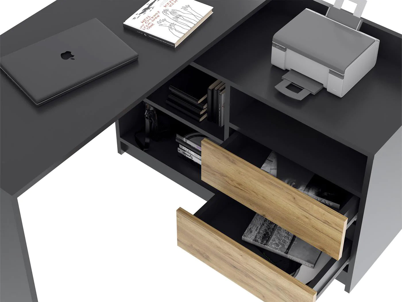 Birou colt Delta 120x50x75 cm cu comoda 100x42x72 cm, 2 sertare, montaj stanga/dreapta, antracit craft